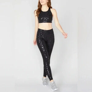 Woman TEREZ Black Cheetah Foil Printed Uplift Full Length Legging Pants Sz Small